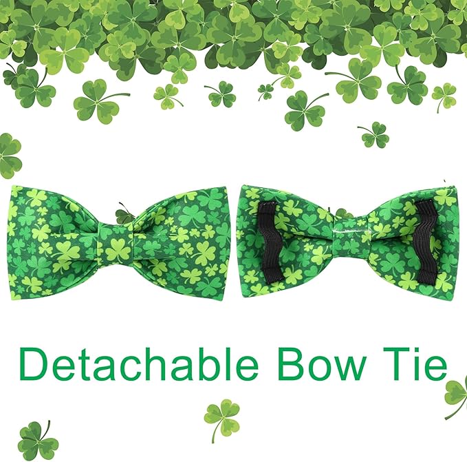 St. Patrick's Day Dog Collar with Bow Tie, Lucky Shamrock Bowtie Collar Adjustable for Girl Boy Dog, Trefoil Dogs Collars Durable, Spring Green Collars for Dogs, S, Neck 10-16in
