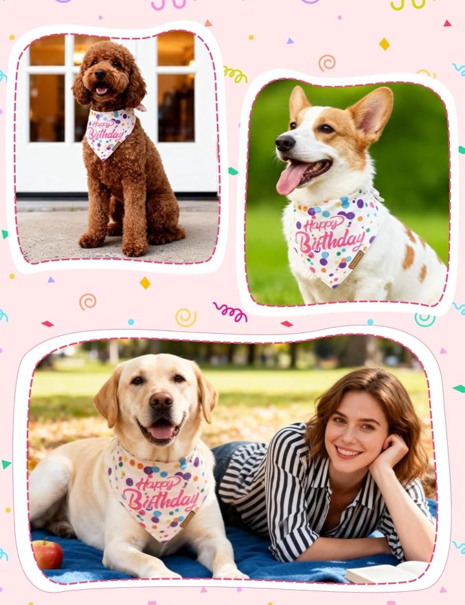 Dog Birthday Bandana, Luxury Handmade Double-Layer Pet Bandana for Small Medium Large Dogs, Silk-Soft Polyester Neck Gaiter for Puppy Birthday Party (Happy Birthday, Large)