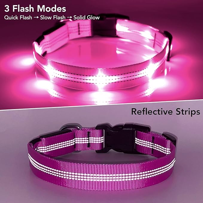Weesiber Light Up Dog Collar Rechargeable LED Dog Collar Glowing in The Dark for Night Walking for Small Medium Large Doggos (Pink, Large Collar)
