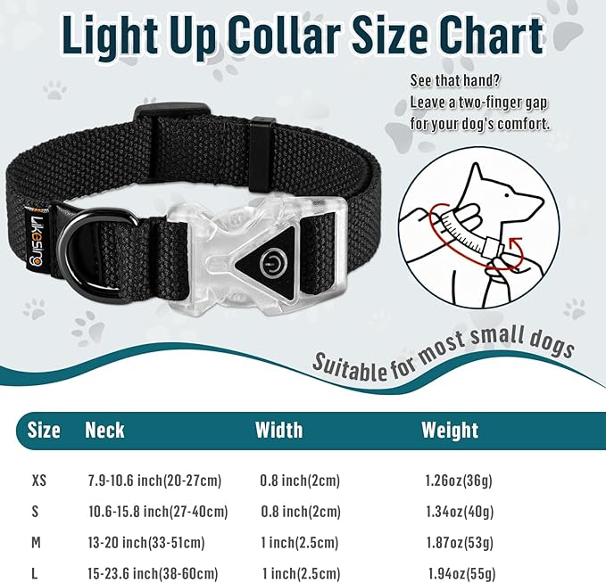 Small Light Up Dog Collar, Cotton Black Dog Collar Girl Boy, Lighted Dog Collars for Night, IP67 Waterproof Lighted Dog Collars for Small Dogs with Buckle, D-Ring (9.8"-15.7" L, 3/4" W)