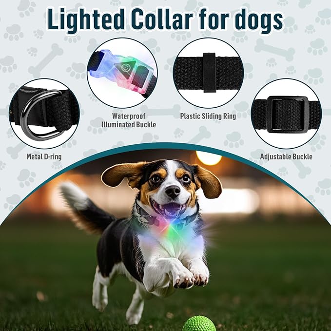 Small Light Up Dog Collar, Cotton Black Dog Collar Girl Boy, Lighted Dog Collars for Night, IP67 Waterproof Lighted Dog Collars for Small Dogs with Buckle, D-Ring (9.8"-15.7" L, 3/4" W)