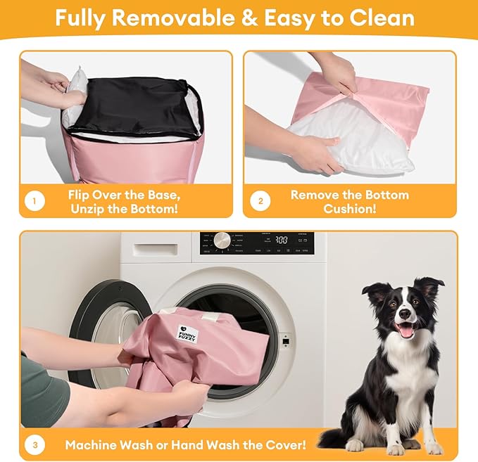 FUNNY FUZZY Dog Car Booster Seat for Small/Medium Dogs up to 25lbs – Waterproof, Non-Slip Base, Safety Leash & Fully Washable Design for Safe and Comfortable Travel (Pink)