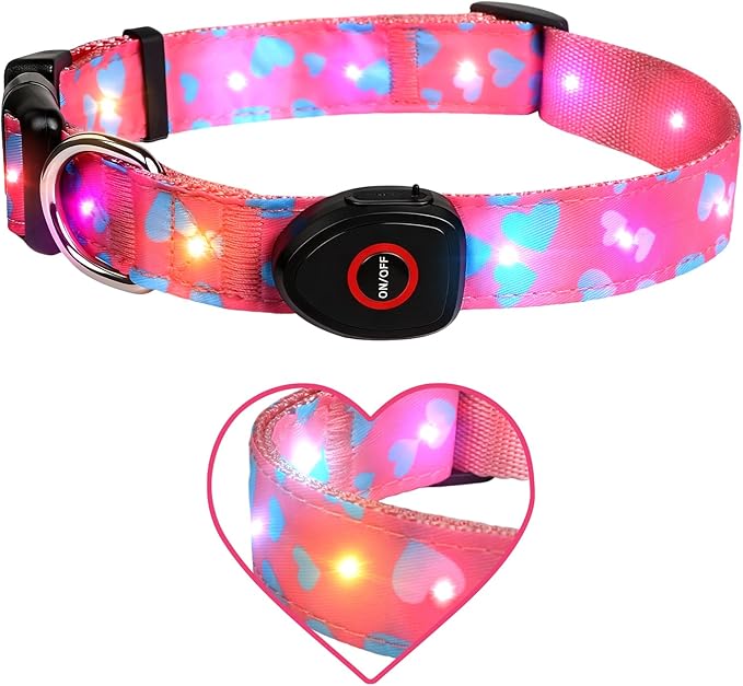 Light Up Dog Collar, LED Dog Collar Glow in The Dark - USBC Rechargeable, 3 Flashing Modes Adjustable Glow Collar, Safety Fashionable Cute Dog Light Up Collars for Medium Large Dogs-Blue Heart Shape