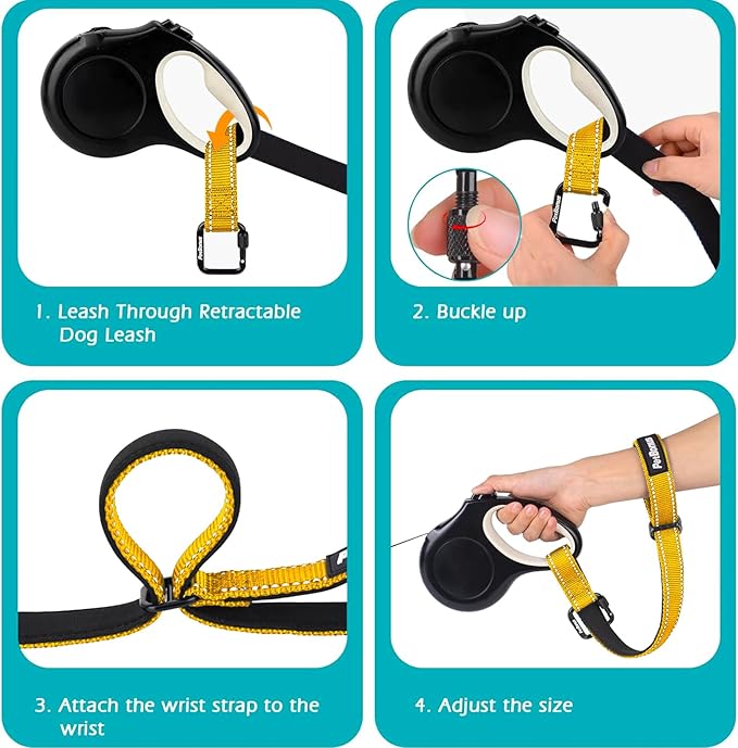 PetBonus Dog Leash Wrist Strap, Safety Strap for Retractable Leash, Lockable Reflective Short Dog Walking Lead with Adjustable Soft Padded Handle, Extra Layer Security for Pet Stroller (Yellow)