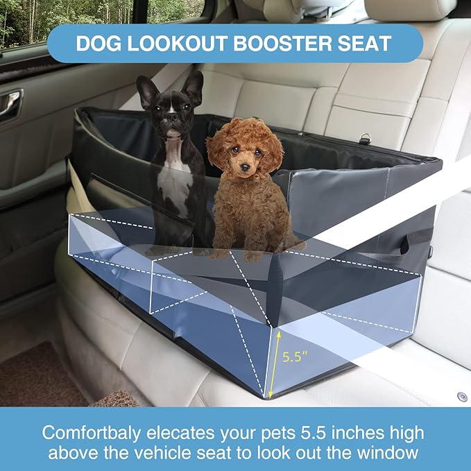 Dog Booster Seat for 2 Small/Medium Dogs, Dog Car Seat with 2 Safety Belt, Upgraded/PU Leather/Waterproof/Anti-Odour Puppy Car Seat