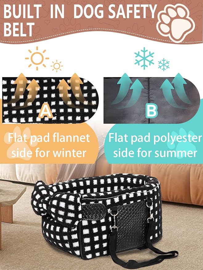 Portable Dog & Cat Car Seat - Under 13 lbs, With Cozy Bow Neck Pillow (Grid-Black)