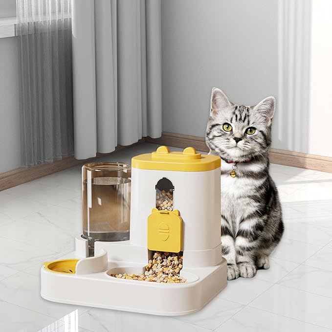 Automatic Pet Feeder and Waterer, Food and Water Dispenser, 2 in 1, Anti Slip Pet Supplies for Cats and Small Medium Dogs, Yellow