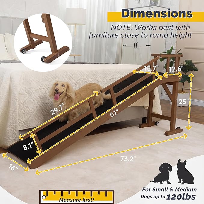 Dog Ramp for Bed or Couch, Wooden Pet Ramp with 20° Gentle Slope, Removable Side Rails, Non-Slip Surface, Top Platform & Wheels, Safe Bed Ramp for Small, Medium & Senior Dogs, 74" Long, Walnut