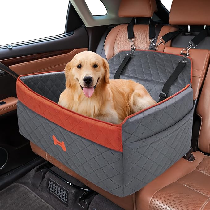PetsHome Dog Car Seat for Medium Large Dogs, Detachable Washable Pet Booster Seat with Memory Foam Cushion, Side Pockets, 2 Clip-On Safety Leashes Pet Car Seat for Dog Up to 60 lbs/2 Small Dogs-Grey