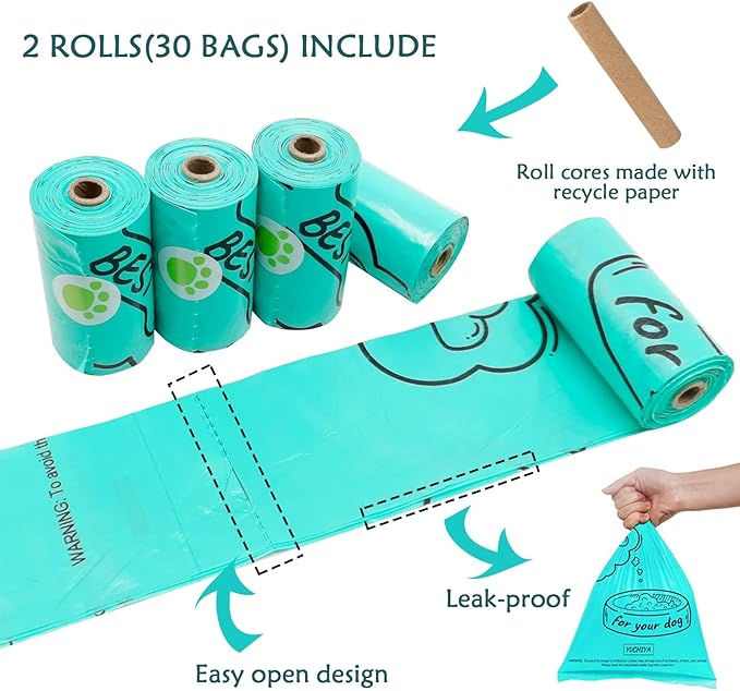 Dog Poop Pickup Bags Holder Dispenser with Standard-Sized Leak-Proof Scented Doggy Waste Bags and Carabiner with Safety Lock&Fastener Never Loose on Leash Lead Again (2 Holders 30 Bags, Blue)