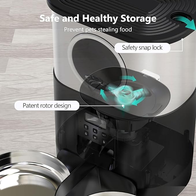 Pet Feeder 5l Stainless Steel Feeder O Window Double Outlet Automatic Feeder Pet Dry Food Dispenser Suitable Compatible with Cats and Dogs Pets Supplies(Black)