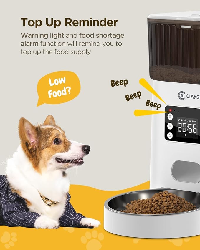 Ciays Automatic Cat Feeders, 4L Cat Food Dispenser Up to 20 Portions 6 Meals Per Day, Pet Dry Food Dispenser with Distribution Alarms for Small Medium Cats Dogs, White