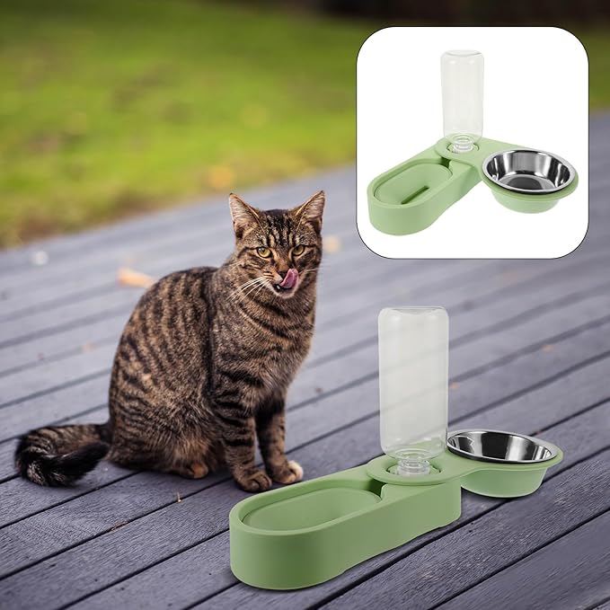 Cabilock Stainless Steel Double Pet Feeder Bowls Rotatable Corner Foldable Feeding Station with Green Base for Indoor Cats and Puppies