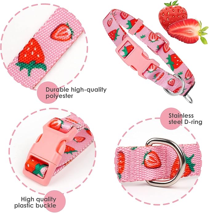 azuza Fruit Dog Collar and Leash Set, Collar Nylon and Matching Leash, Great Option for Small Medium Large Dogs, Strawberry, S (Neck: 11"-16")