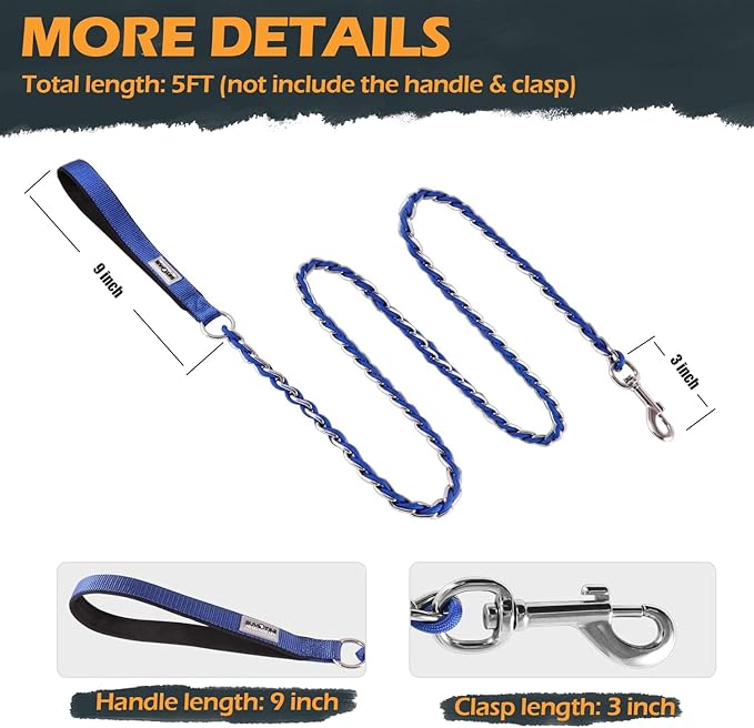 Chew Proof Metal Leash Chain Dog Leash for Medium Large Dogs, Chain Link Anti Chew 5.2FT Strong Anti Bite Comfortable Soft Padded Handle Blue