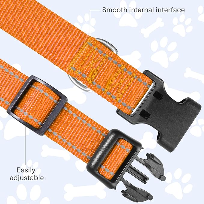 FunTags Reflective Dog Collar, Sturdy Nylon Collars for Puppy and Extra Small Girl and Boy Dogs, Adjustable Dog Collar with Quick Release Buckle,Orange,3/8" Width