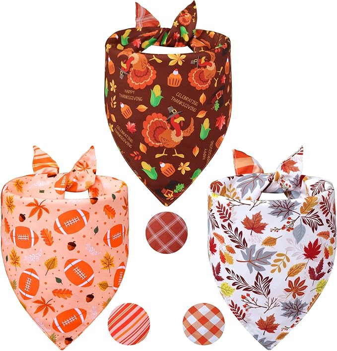 Thanksgiving Dog Bandanas XLarge 3PCS, 6 Pattern Fall Scarf for Boy and Girl, Pumpkin Leaves Rugby Triangle Reversible Bibs Breed for Puppy Pets