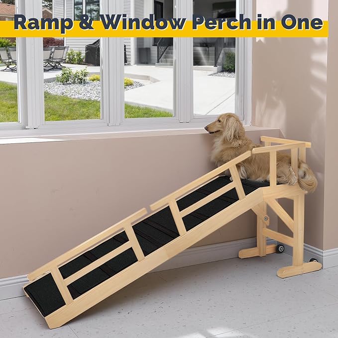 Dog Ramp for Bed or Couch, Wooden Pet Ramp with 20° Gentle Slope, Removable Side Rails, Non-Slip Surface, Top Platform & Wheels, Safe Bed Ramp for Small, Medium & Senior Dogs, 60" Long, Natural
