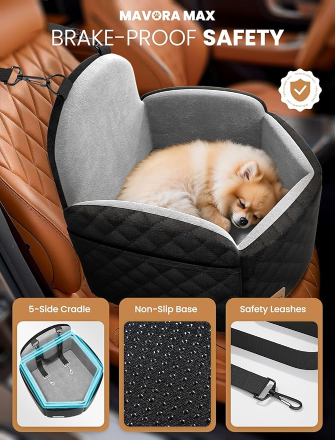 Dog Car Seat for Small/Medium Dogs, Elevated Dog Booster Seat Memory Foam Puppy Car Seat with Washable Cover, Travel Safety Pet Seat for Car with Storage Pockets Up to 35 lbs (Black/Grey)
