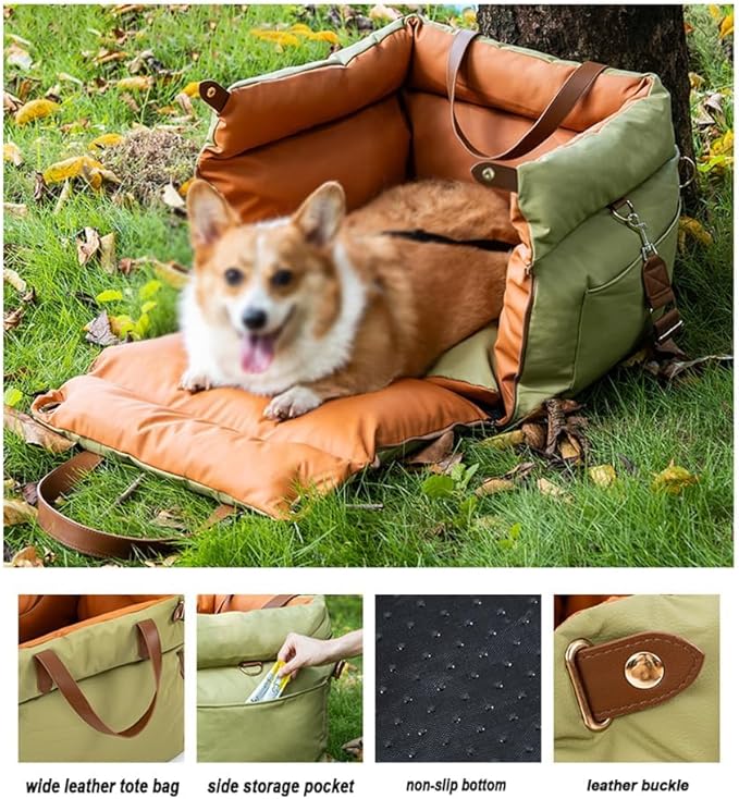 Leather Pet Car Seat for Citroen C4 Sedan Coupe Hatchback Non-Slip Removable Waterproof Scratch-Resistant Easy to Clean Camping with Safety Belt Car Accessories,Green Orange