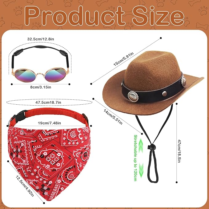 Pet Cowboy Hats Dog Cat Halloween Costumes Cute West Cowboy Hat Bandana Festival Cosplay Accessories (Brown+Red - Medium)
