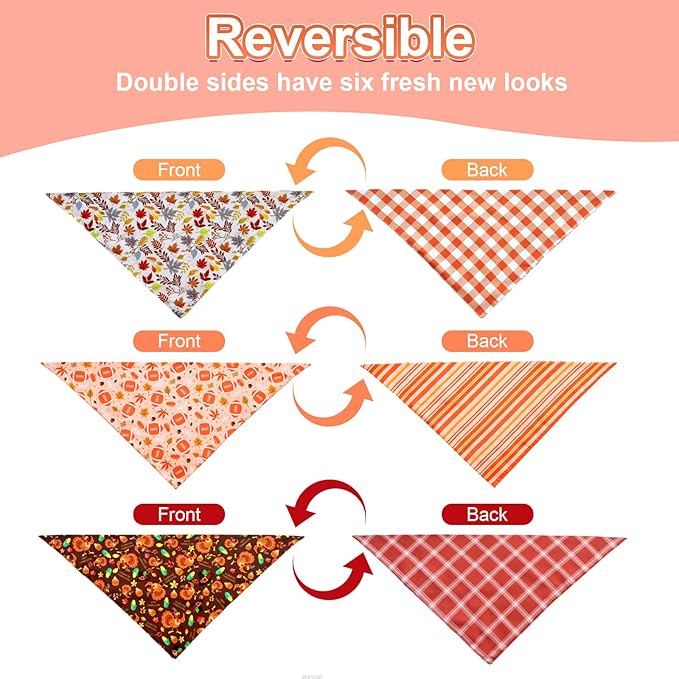 Thanksgiving Dog Bandanas Large 3PCS, 6 Pattern Fall Scarf for Boy and Girl, Pumpkin Leaves Rugby Triangle Reversible Bibs Breed for Puppy Pets