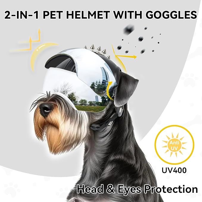 PETLESO Dog Helmet with Anti-UV Silver Goggles, Small Dog Motorcycle Helmet with Ear Holes, Drop-Down Biking Helmet, Adjustable Hat for Small Dogs Heads Protection with Rivets, Silver Lens
