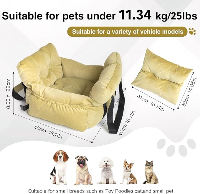 Pet Car Booster Seat, Soft Corduroy, Small Dog Cat Carrier with Safety Straps, Storage Pockets, 18x16x9 Inch, for Pets Under 25 lbs (Lemon Green)