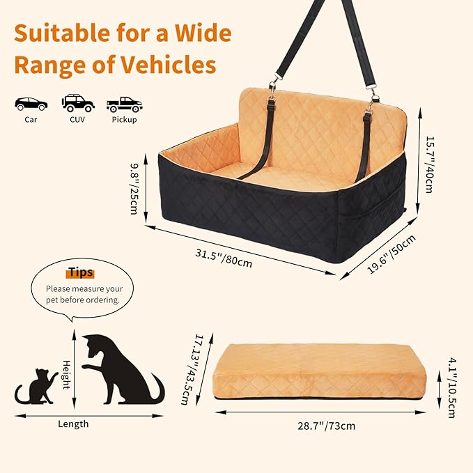 Dog Car Seat for Large Dogs Up to 55 lbs, Pet Booster Seat with Memory Foam, Non-Slip Washable Dog Car Bed with 2 Safety Leashes & Storage Pockets for SUV & Sedan