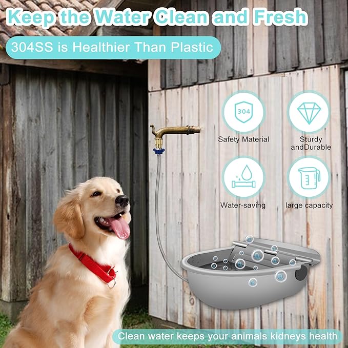 Automatic Animal Drinking Water Bowl,304 Stainless Steel Animal Waterer Kit with Float Valve,for Livestock,Horse,Dog,Goat,Pig,Chicken,2.5L 85 OZ Animals Drinking Water Trough