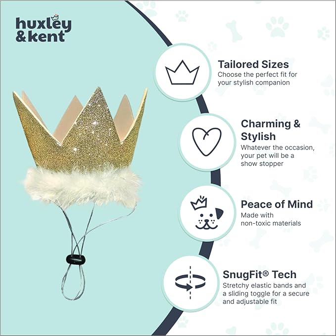 Huxley & Kent Pet Party Crown – Adjustable Glitter Crown Hat with SnugFit Straps – Party Accessory for Dogs & Cats – Gold, Small