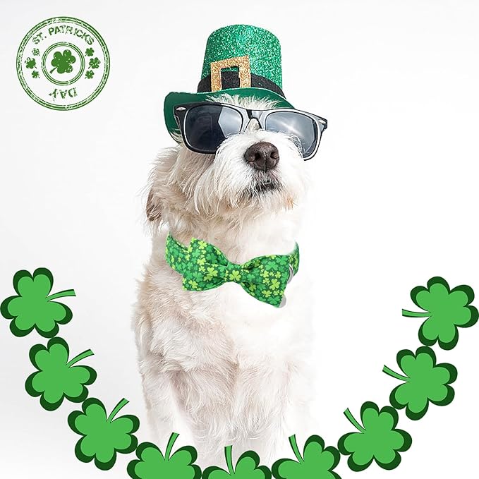 St. Patrick's Day Dog Collar with Bow Tie, Cotton St. Patrick's Day Bowtie Collar for Girl Boy Dosg, Lucky Shamrock Pet Collars with Metal Buckle, Spring, L, Neck 16-24in