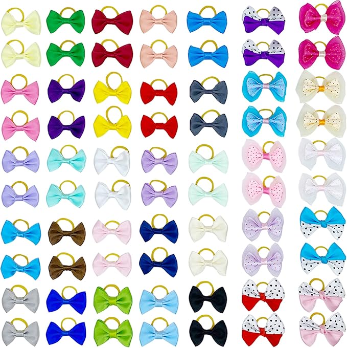 Dog Bows, Cute Hair Bowknot with Rubber Bands Handmade for Puppy Yorkie Grooming Hair Accessories & Varies Patterns Topknot Bows(70 pcs Upgrade Rubber Bands)