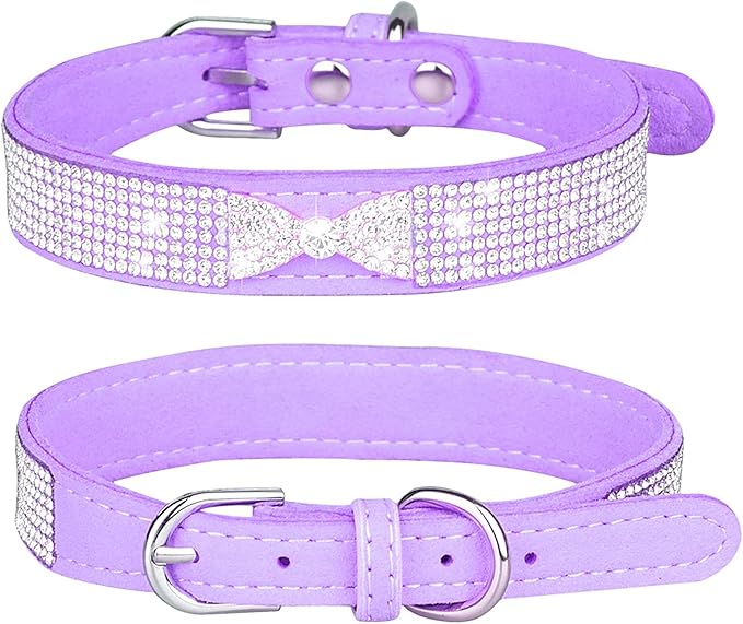Rhinestone Dog Collar, Cute Dazzling Sparkling Soft Suede Leather Dog Cat Rhinestone Collar Crystal Diamond Pet Dog Puppy Collar (M, Purple-2)