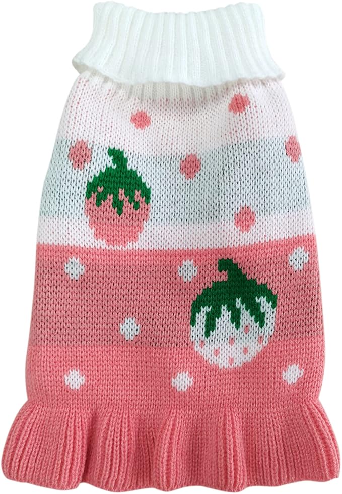 CHBORCHICEN Pet Dog Sweaters Classic Knitwear Turtleneck Winter Warm Puppy Clothing Cute Strawberry and Heart Doggie Sweater (L, Dress-Pink)