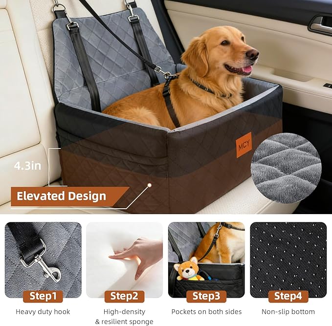 MCY Dog Car Seat for Large Medium Dogs, Dog Booster Seat with Thick Cushion, Portable Washable Pet Under 55 lbs, 2 Safety Leashes Travel Car Bed, Suitable for Home and Outdoor, Black/Grey