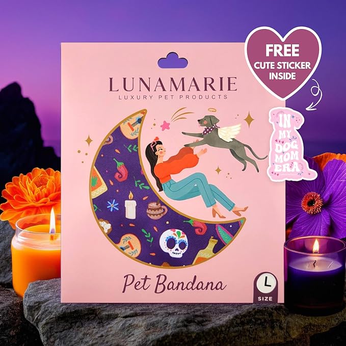 LunaMarie - Luxury Pet Birthday Bandanas -Premium & Silky Poly Fabric | 100% Handmade | Custom Shape Dual Layered (Day of The Dead, Large)