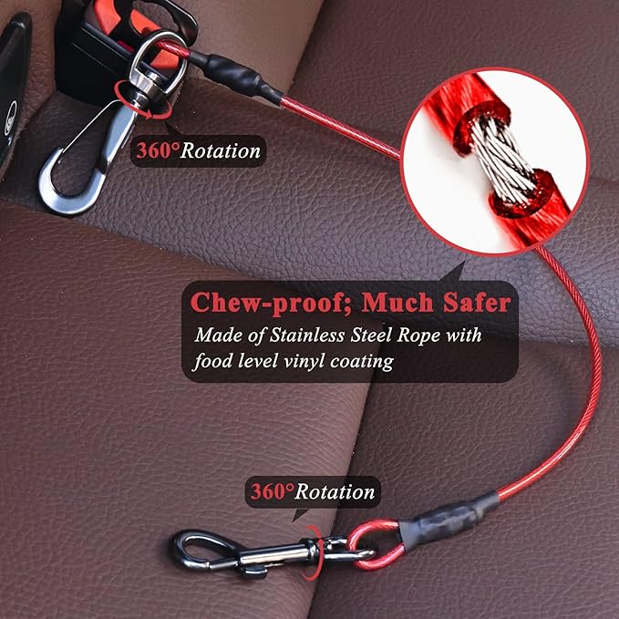 VIVAGLORY Dog Seat Belt Tuffbelt Dog Car Harness, Seatbelt with Clip & Hook for Car Travel, Chew Proof Anti Chew Unchewable Metal Safety Tether Restraint, XS, Red