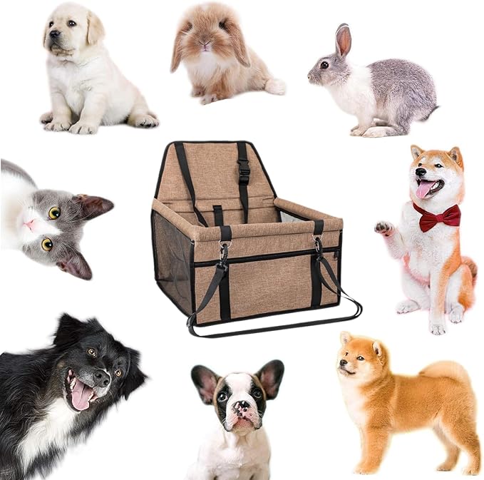 Dog Car Seat for Small Size Dog, Portable Cat Car Seat with Removable Safety Leash and PVC Support Pipe, Anti-Collapse Puppy Pet Car Seat Easy Assemble (Milky Coffee)