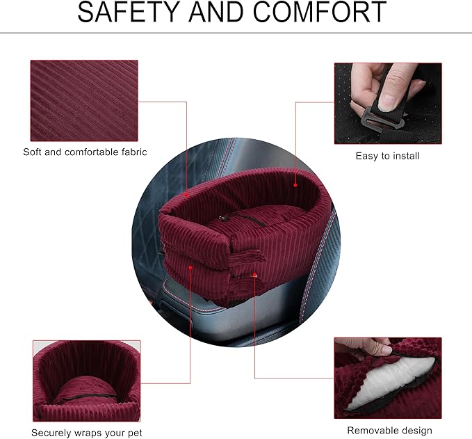 X AUTOHAUX Dog Car Seat Seat Adjustable Straps for Medium Small Sized Puppy Cat Seat Pets Soft Non Slip Bottom Travel Bed Corduroy Wine Red
