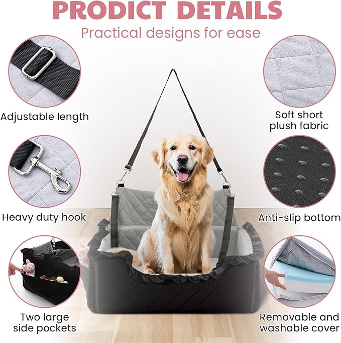 Dog Car Seat for Large/Medium Dogs, Dog Booster Seat for Under 55lbs or 2 Small Dogs, Non-Slip Removable and Washable Pet Car Seat,2 Safety Leashes, Travel Pet Bed, Black Flower