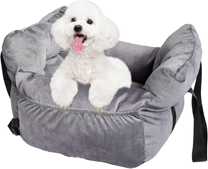 Pet Car Booster Seat for Small Dogs up to 25 lbs with Safety Straps, Storage Pockets, Travel Carrier Bed with Detachable Cover, Machine Washable (Gray)