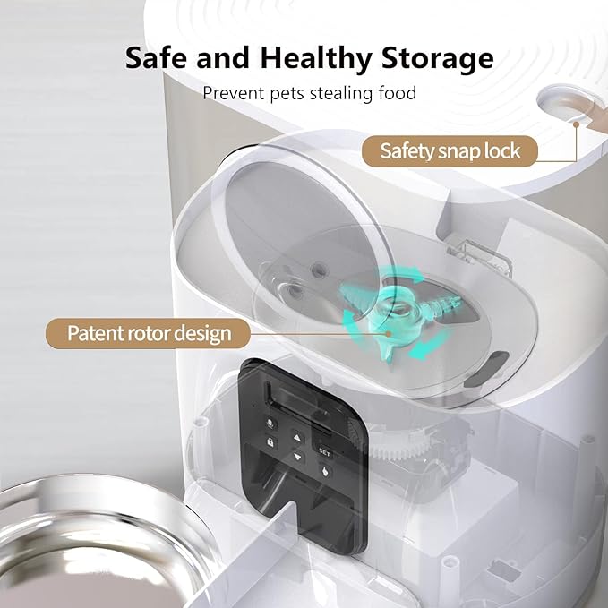 Automatic Pet Feeder, 5L Quantitative Feeding Stainless Steel 2 Bowls Dog Food Dispenser Large Capacity Automatic Timed Cat Feeders with Visable Window for Cats Dogs (White)
