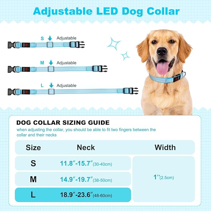 Illumifun LED Dog Collar Rechargeable Light Up Dog Collar Glow in The Dark, Flashing Lighted Glow Collars for Small Medium Large Dogs Night Walking (Blue, Large)