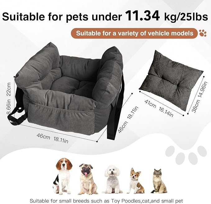 Pet Car Booster Seat, Soft Corduroy, Small Dog Cat Carrier with Safety Straps, Storage Pockets, 18x16x9 Inch, for Pets Under 25 lbs (Dark Brown)