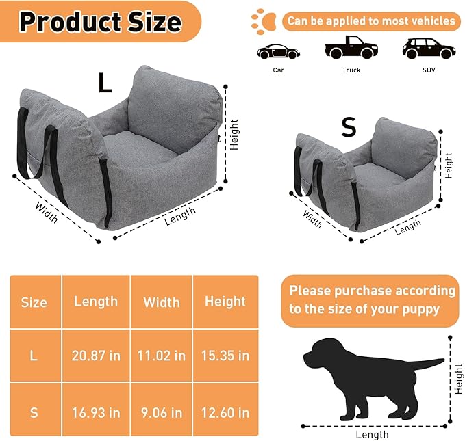 ETIAL Dog Car Seat for Small & Medium Dog, Non-Slip Dog Carriers with Storage Pockets and Dog Safety Leash, Portable Pet Travel Carrier Bed for Car, Truck, and SUV (Grey,22.4"x21.7"x13.8")