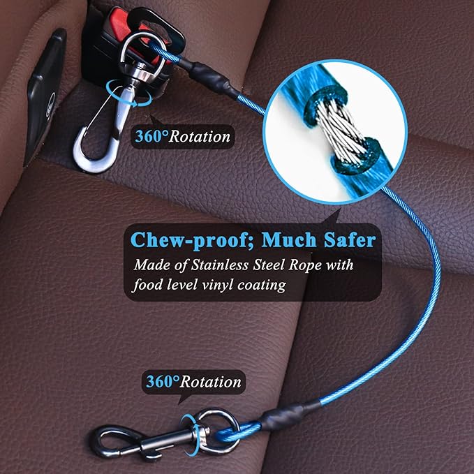 VIVAGLORY Dog Seat Belt Tuffbelt Dog Car Harness, Seatbelt with Clip & Hook for Car Travel, Chew Proof Anti Chew Unchewable Metal Safety Tether Restraint, S, Blue