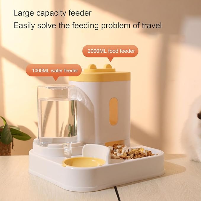 Pet Food Water Dispenser, 2 in 1 Large Capacity Detachable Automatic Cat Waterer Feeder, Gravity Cat Feeder and Water Dispenser Dog Feeder Waterer for Dog Puppy(Yellow)