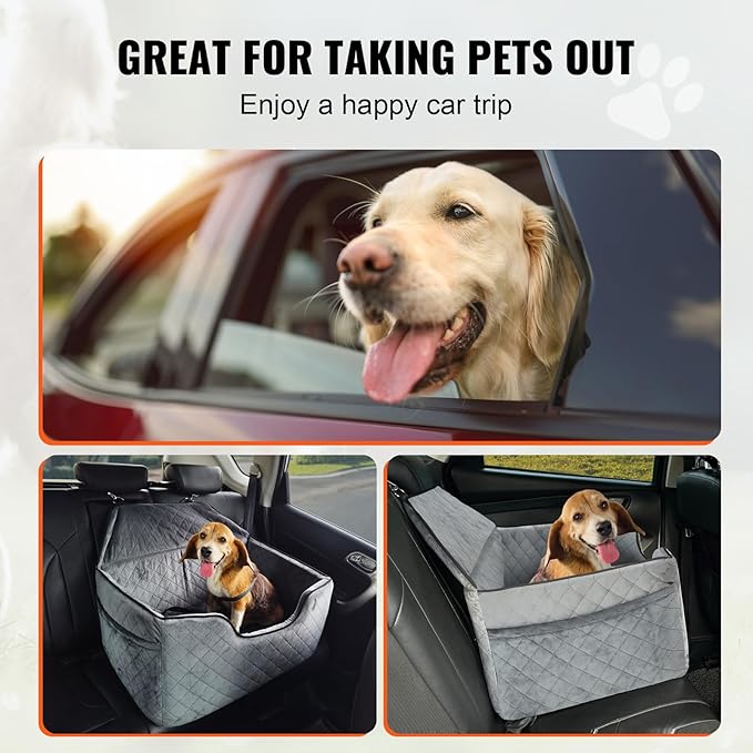 Happybuy Dog Car Seat, Dog Booster Seat for Car with A Storage Pocket, Pet Car Seat with Clip-On Safety Leash, Sponge Filling, Dog Car Bed for Medium & Large Dog up to 55 lbs, Gray