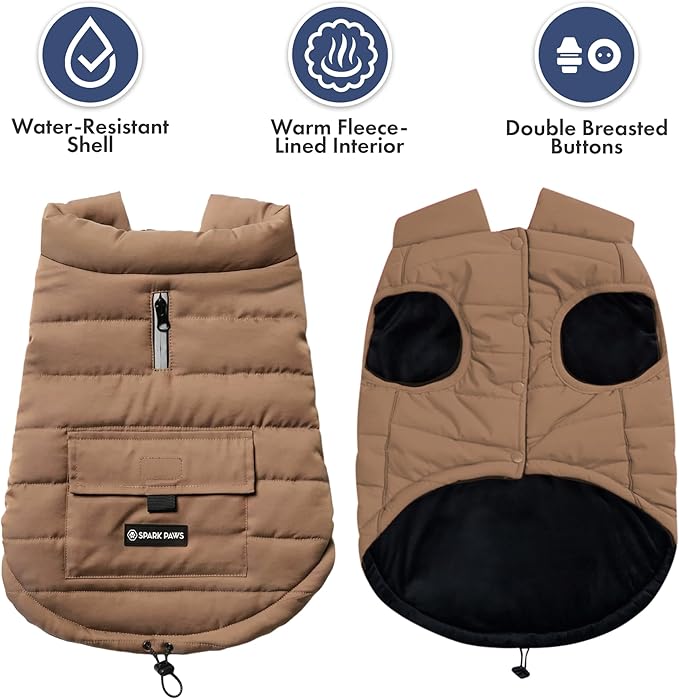 Spark Paws Dog Winter Jacket, Water-Resistant Coat, Warm Reflective Windproof Fleece-Interior, for Medium and Large Dogs - Tan - M